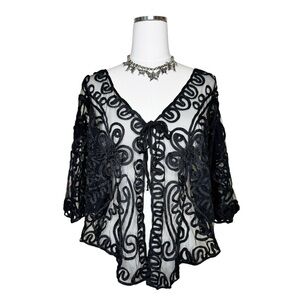 NWT Pretty Angels Black Front Tie Sheer Stitched Shrug Bolero Cape One Size